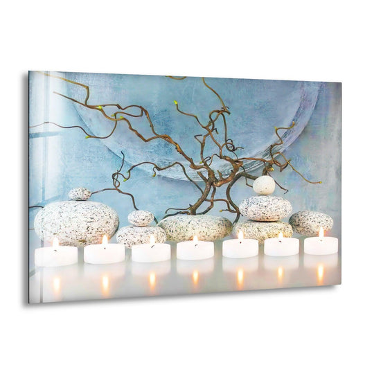 Zen spa stones and candles illuminate a tranquil scene on this glass wall art, a soothing addition to any decor.