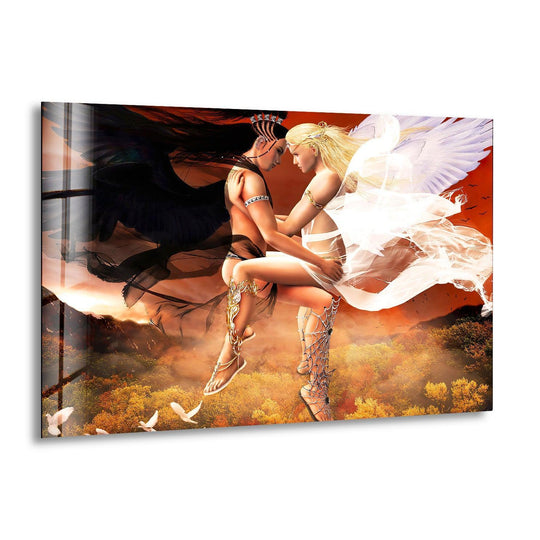 Ethereal angel and dark winged figure embrace on this stunning glass art piece.