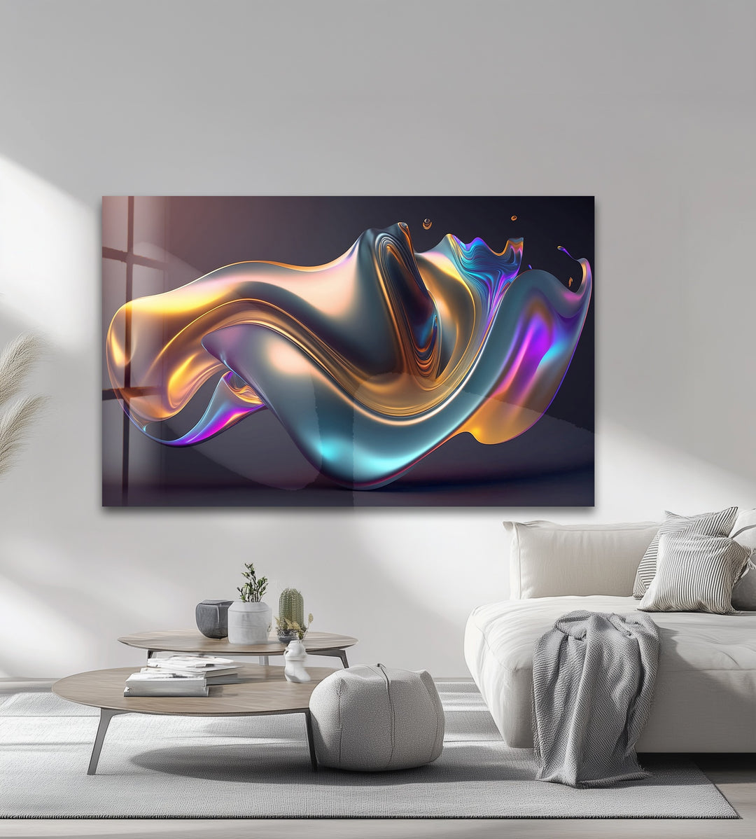 Prismatic Flow Mirage – Iridescent Chrome Wave Glass Wall Art