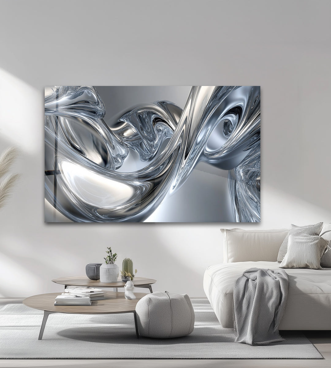 Silver Liquid Contours – Abstract Chrome Flow Glass Wall Art