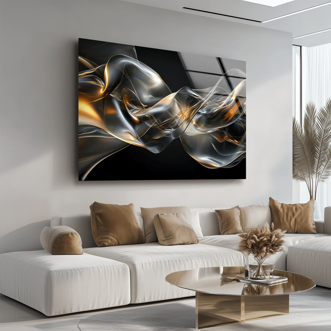 Midnight Ember Drift – Abstract Smoke Gold Glass Wall Art