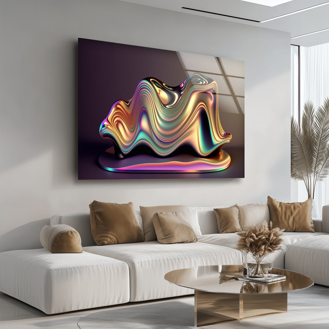 Chromatic Sculpted Form – Iridescent Metallic Shape Glass Wall Art