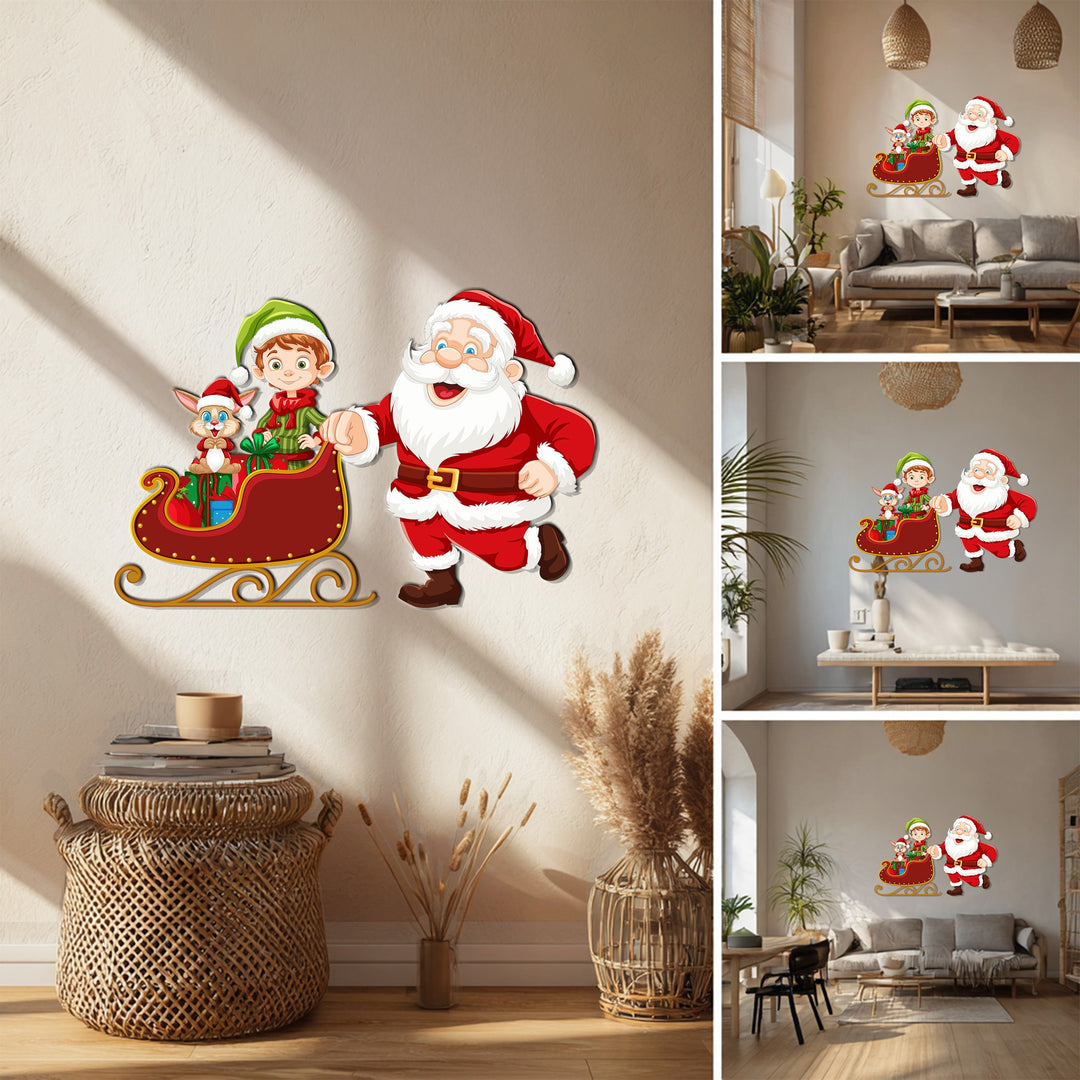 سانتا وجولة الزلاجة مع الجان - لوحة جدارية لعيد الميلاد