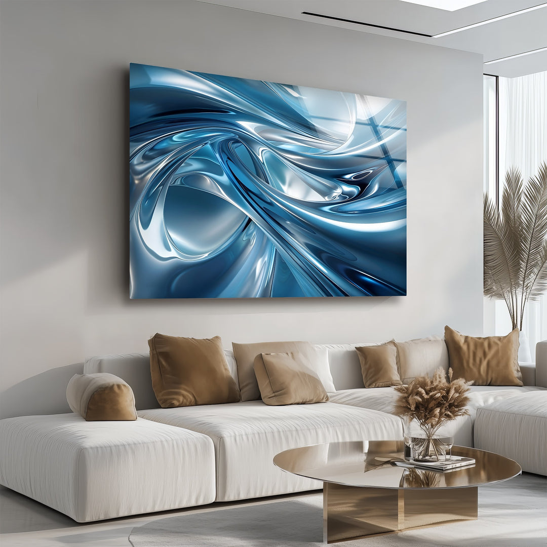 Azure Liquid Motion – Abstract Chrome Blue Glass Wall Art
