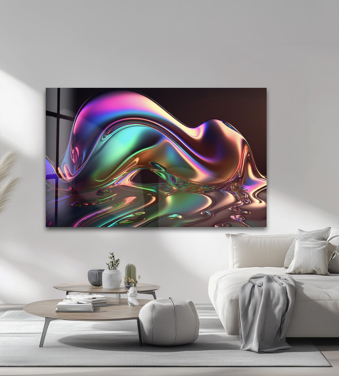Neon Mirage Crest – Iridescent Chrome Wave Glass Wall Art