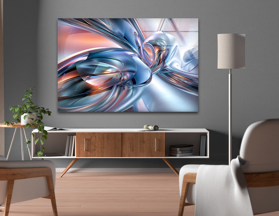 AeroChrome Fusion – Abstract Silver & Sky-Blue Motion Glass Wall Art