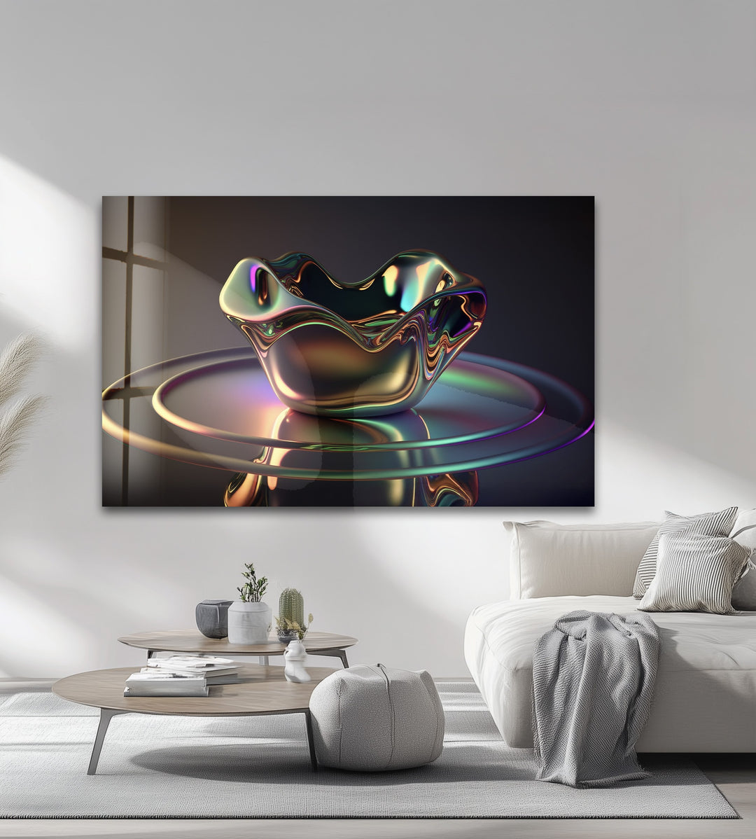 Iridescent Sculpted Bloom – Futuristic Chrome Bowl Glass Wall Art