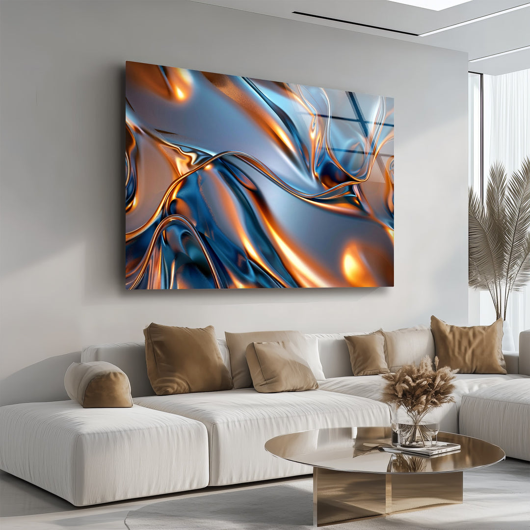 Aurora Metal Flux – Abstract Blue & Copper Chrome Glass Wall Art