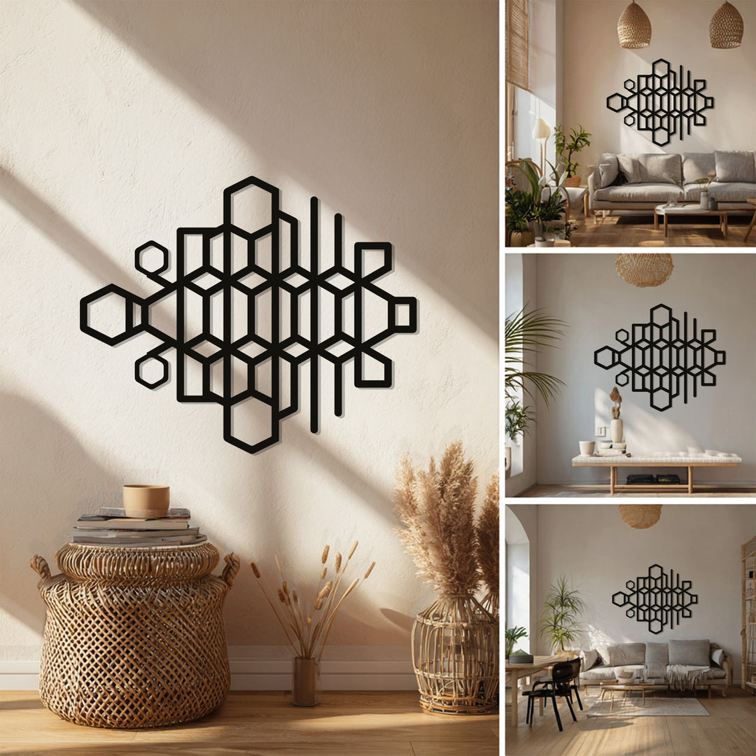 Geometric Hexagon Metal Wall Art – Modern Black Abstract Sculpture