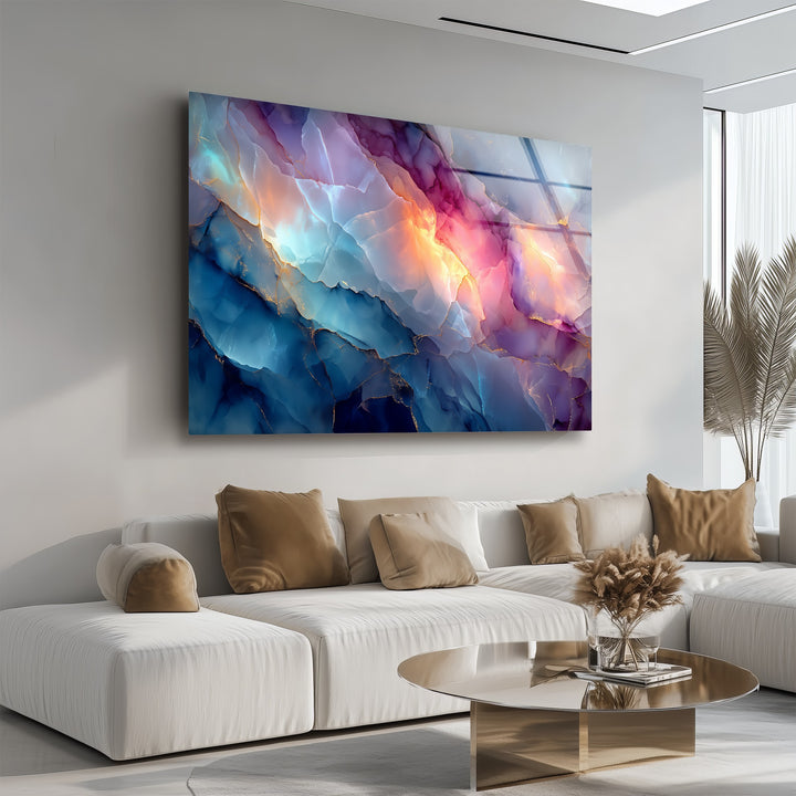 Flowing veins of vibrant blue, purple, and pink create a dynamic abstract marble glass wall art, a truly unique modern wall decor piece.