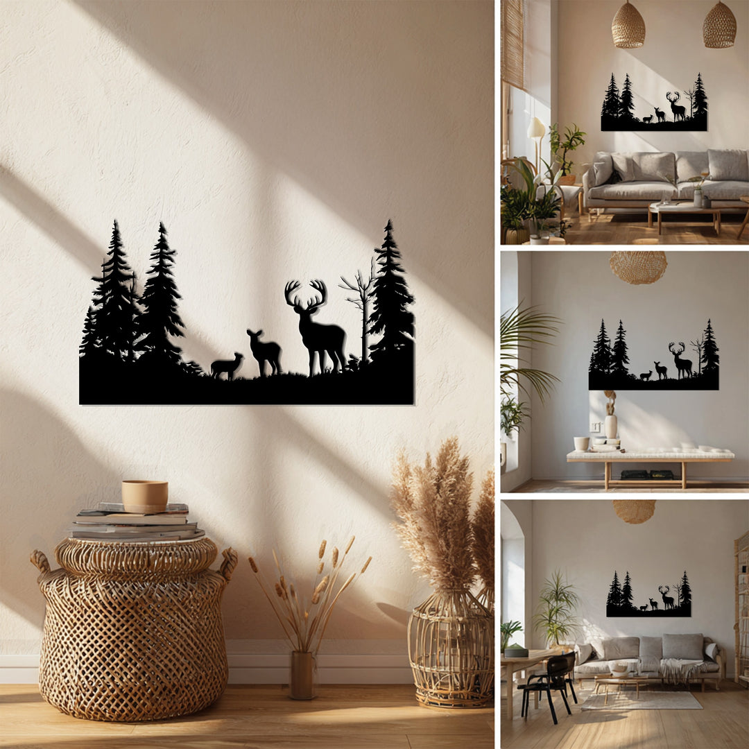 Family of Deer in Forest Metal Wall Art – Rustic Wildlife Decor
