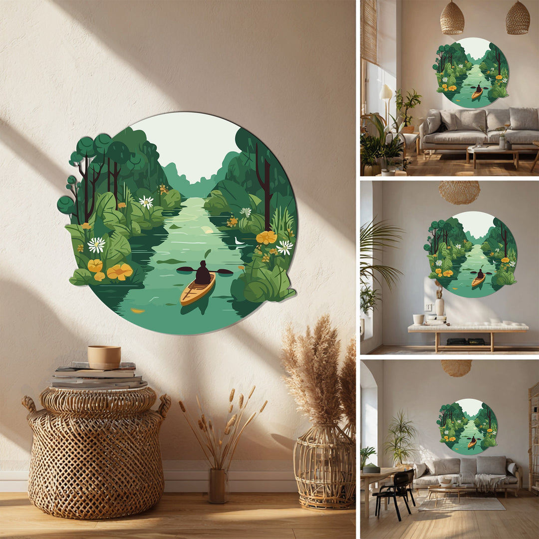 Tranquil Journey – Kayaker in Green Forest River Metal Wall Art