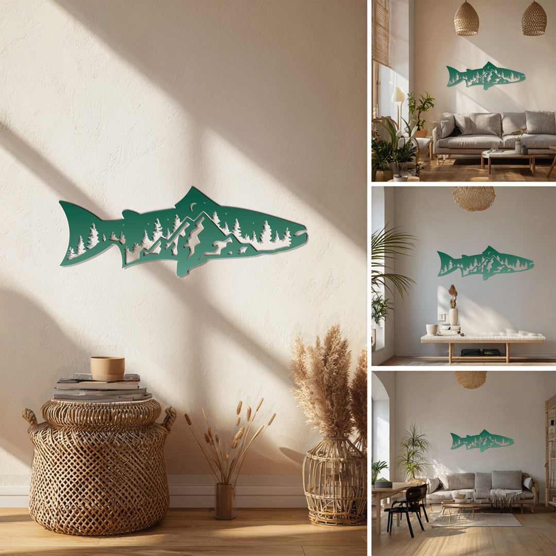 Green trout wall sculpture with outdoor landscape