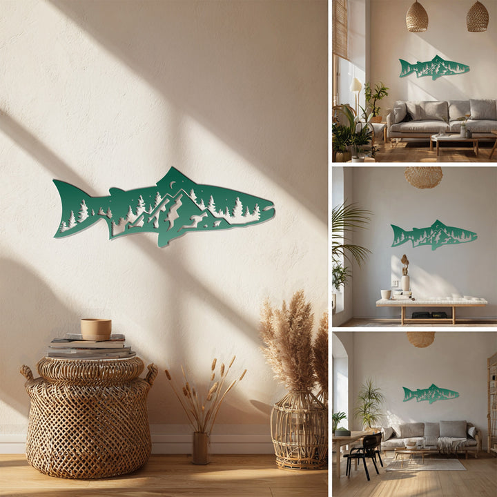 Green trout wall sculpture with outdoor landscape