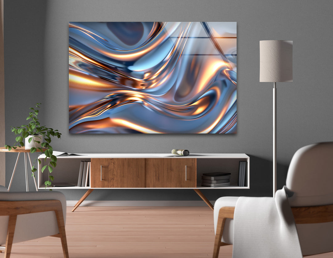 Arctic Ember Alloy – Abstract Silver & Copper Wave Glass Wall Art