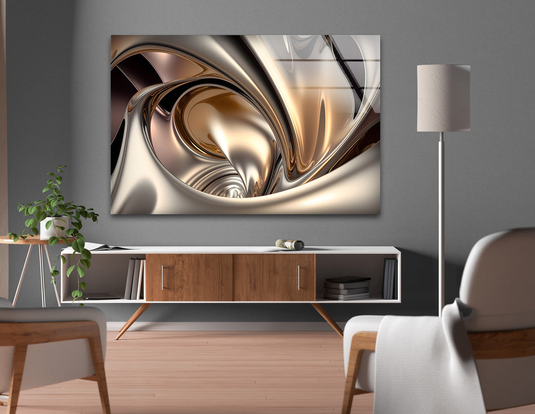 Champagne Alloy Flow – Abstract Gold & Silver Chrome Glass Wall Art