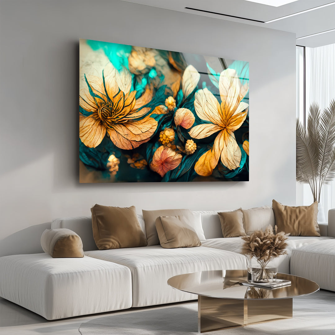 Golden Petal Bloom – Artistic Floral Fantasy Glass Wall Art