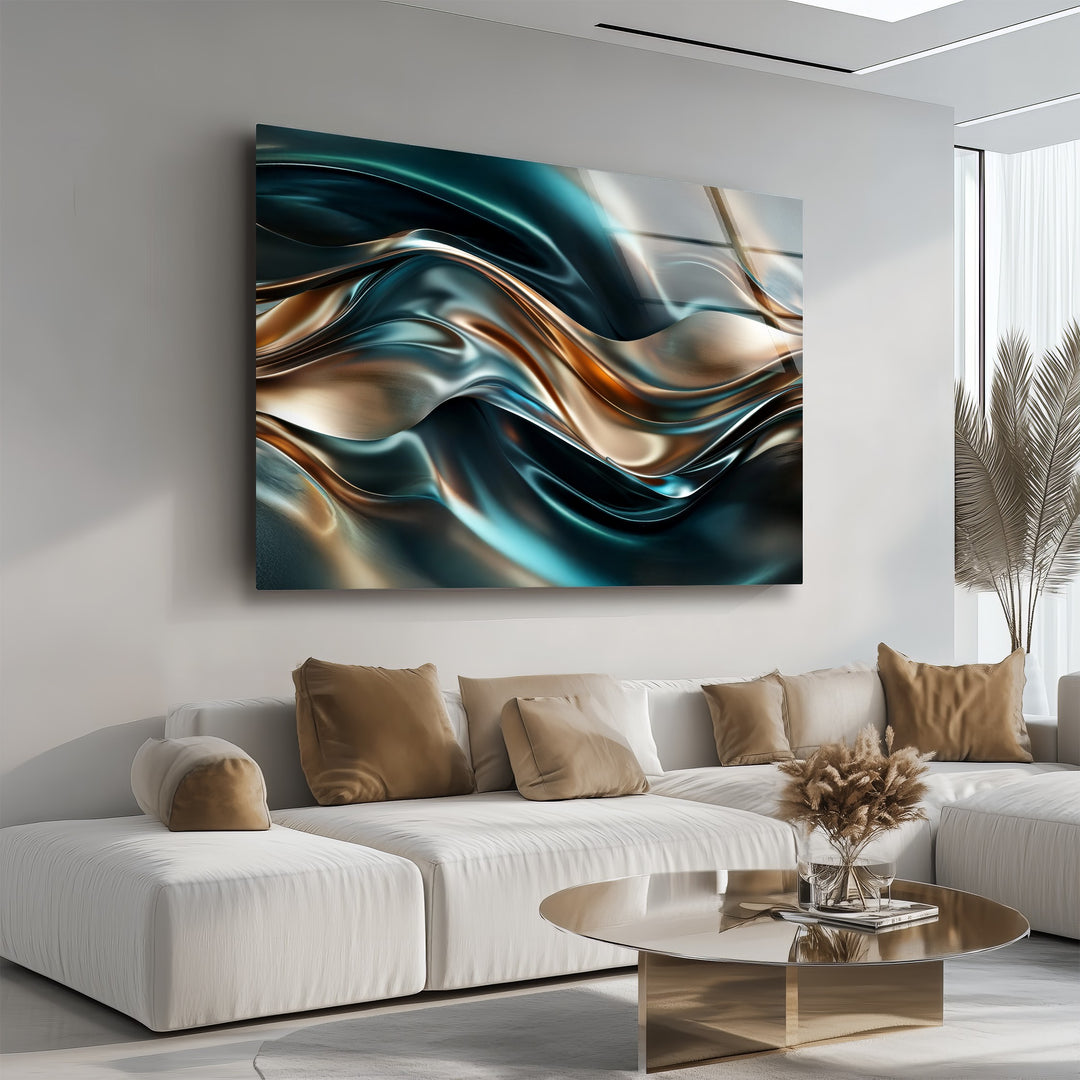 Ocean Bronze Serpentine – Abstract Metallic Wave Glass Wall Art