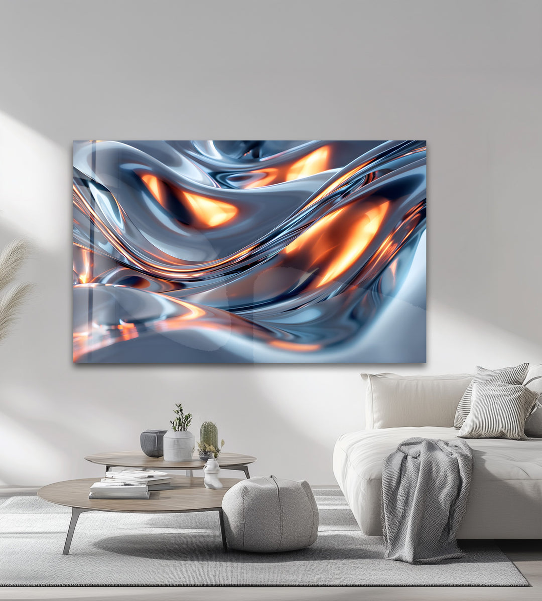 Solar Chrome Surge – Abstract Silver & Ember Flow Glass Wall Art