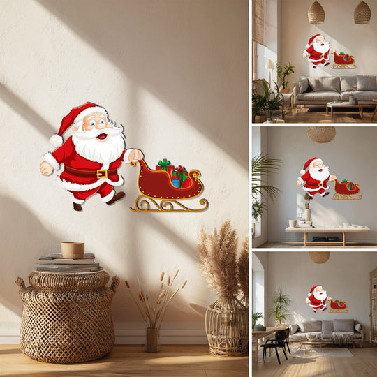 Foreground Santa and sleigh metal art for wall create depth against the textured wall, casting layered shadows for a festive Christmas display.