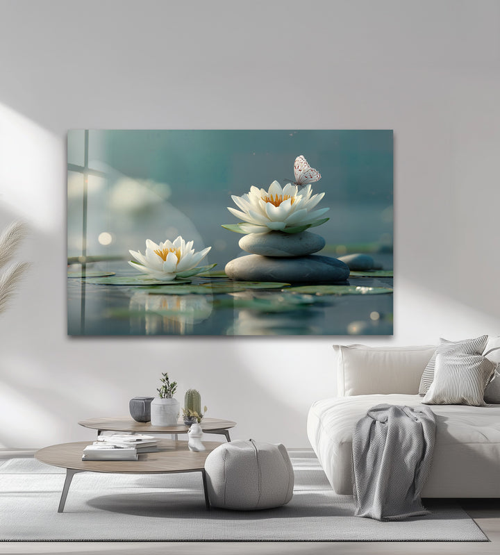 The delicate white lotus flower petals and a fragile butterfly create a tranquil scene on this Zen Lotus Balance best glass art.