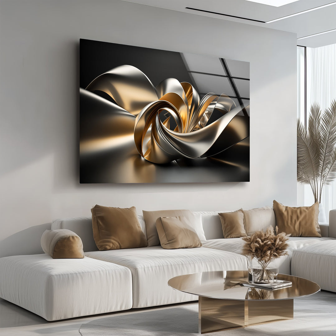 Golden Helix Flow – Abstract Metallic Ribbon Glass Wall Art