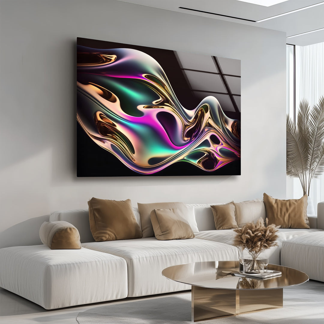 Neon Mirage Flow – Iridescent Metallic Wave Glass Wall Art