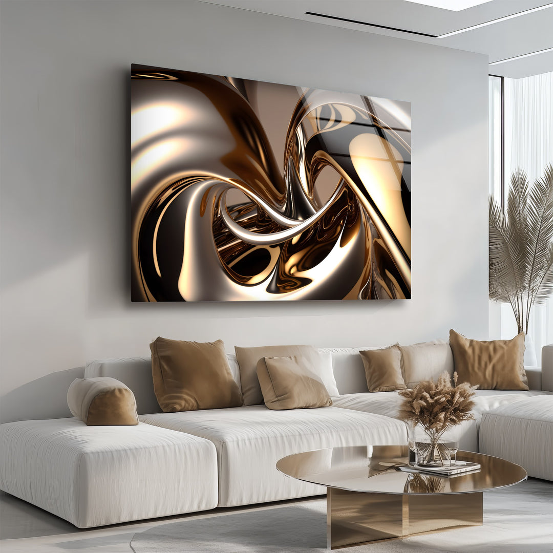 Molten Bronze Mirage – Abstract Metallic Swirl Glass Wall Art
