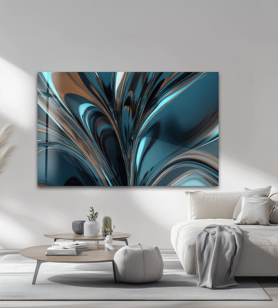 Midnight Aqua Surge – Abstract Teal Chrome Glass Wall Art