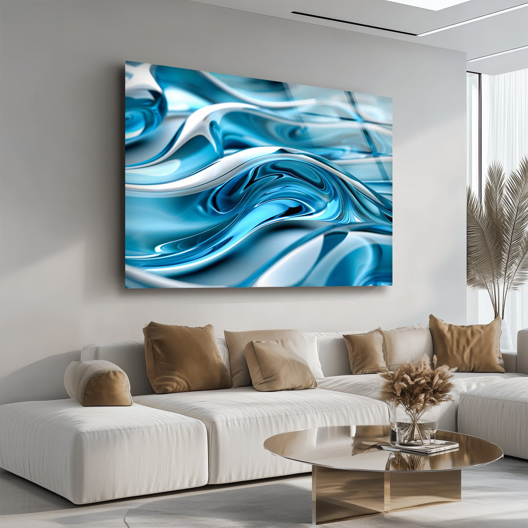 Arctic Wave Flow – Abstract Blue Chrome Fluid Glass Wall Art
