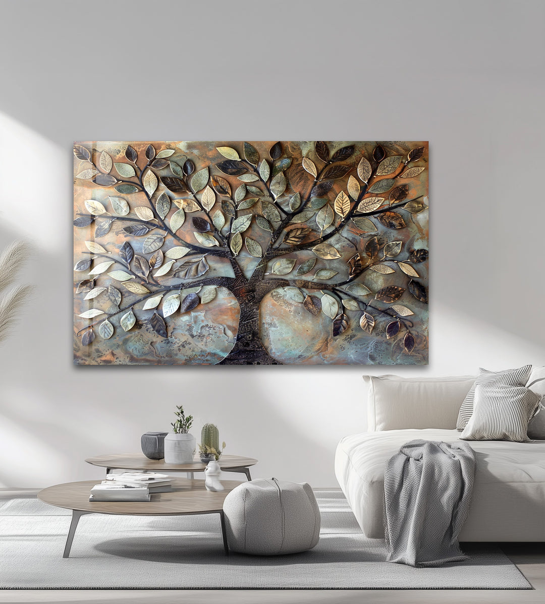 Verdant Bronze Tree – Textured Nature-Inspired Glass Wall Art
