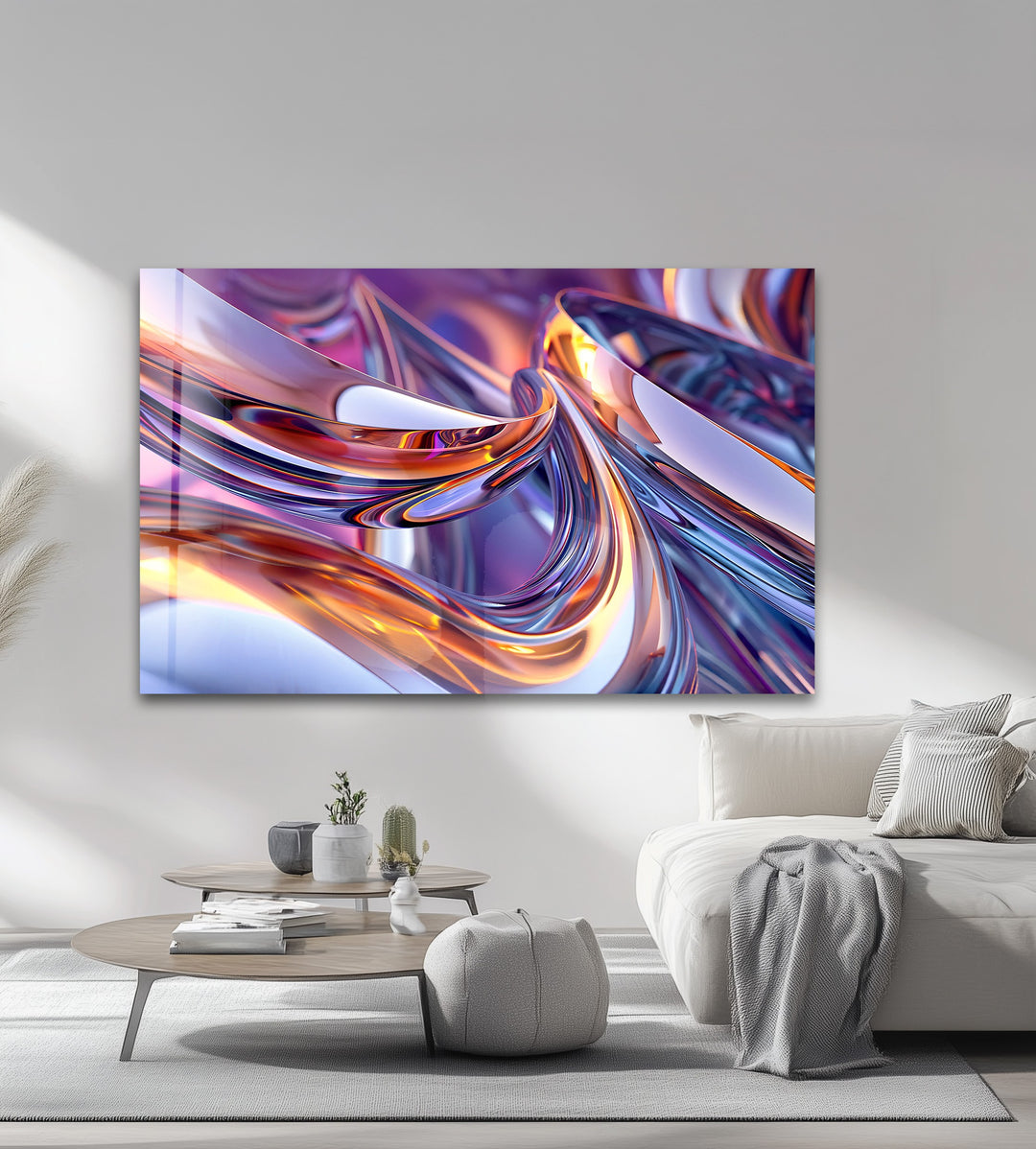 Prismatic Ribbon Fusion – Abstract Chrome Swirl Glass Wall Art