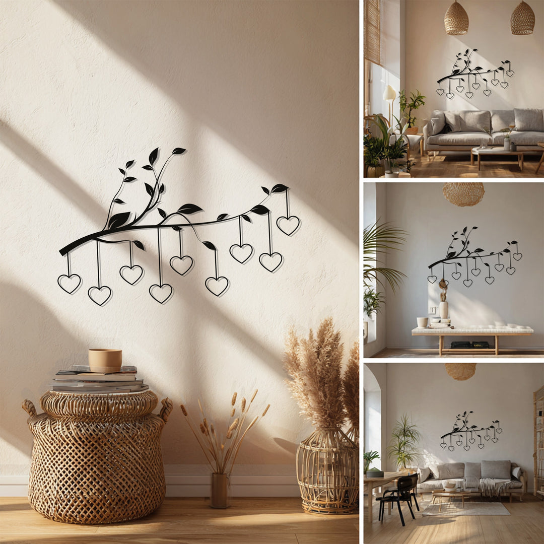 Hanging Hearts on Branch – Romantic Metal Wall Art