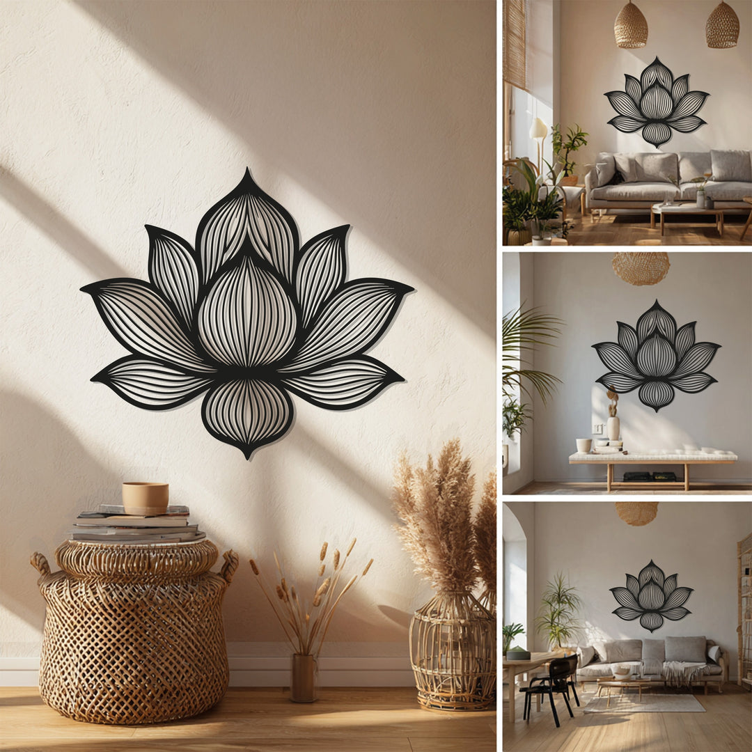 Lotus Flower Metal Wall Art – Modern Black Sacred Geometry Décor