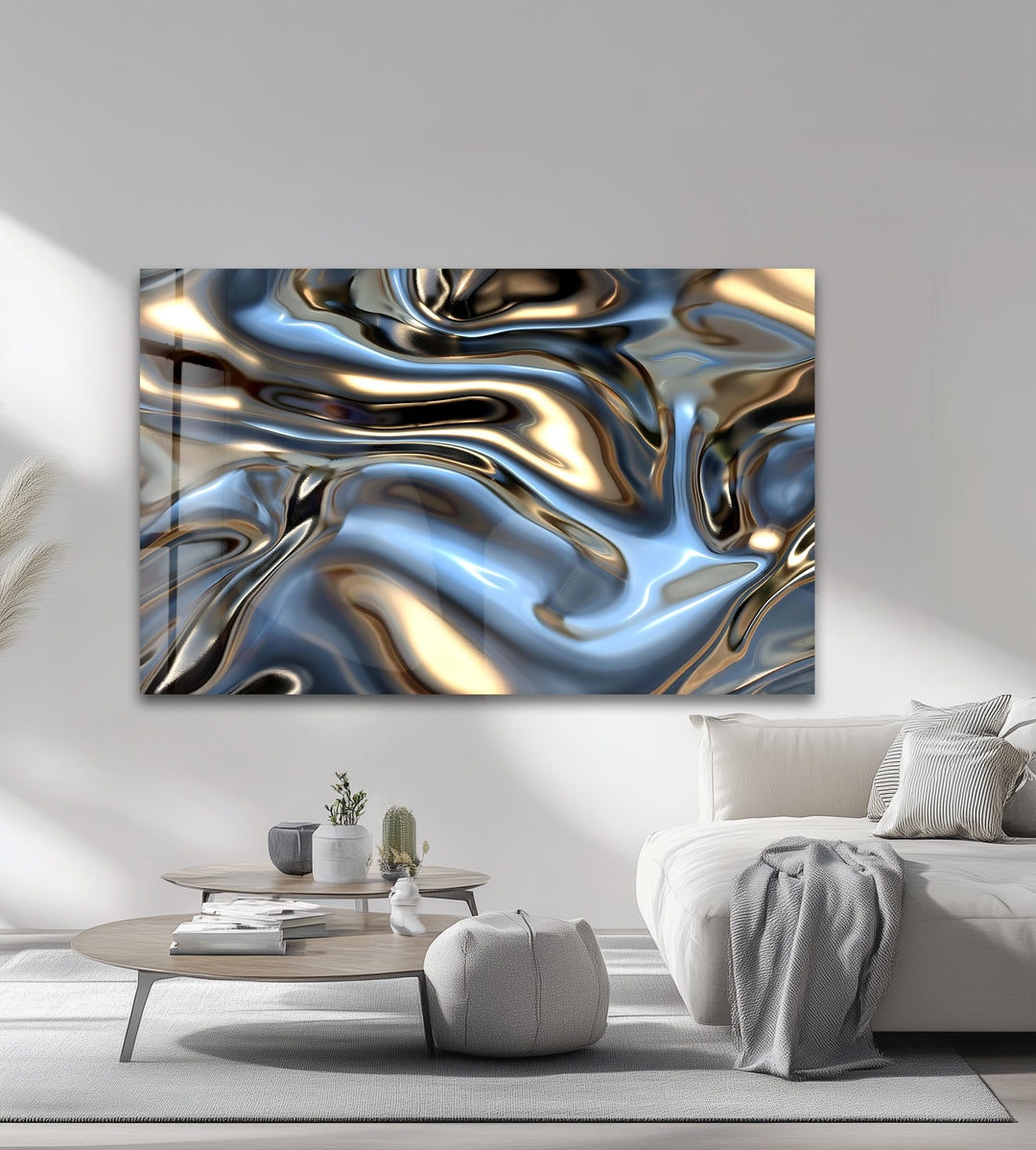 Celestial Metal Drift – Abstract Silver & Gold Fluid Glass Wall Art
