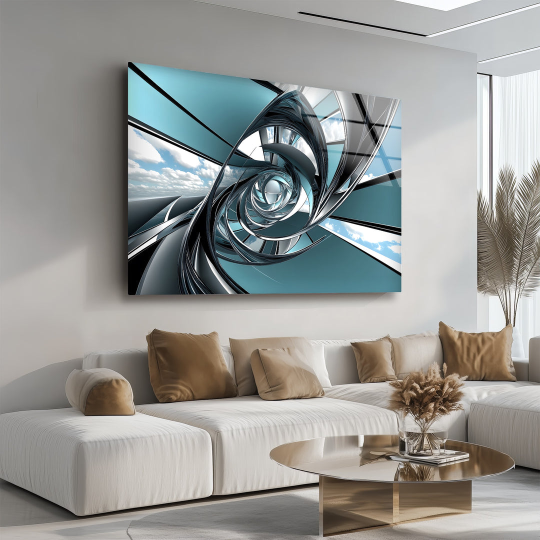 Aero Spiral Gateway – Futuristic Chrome Tunnel Glass Wall Art