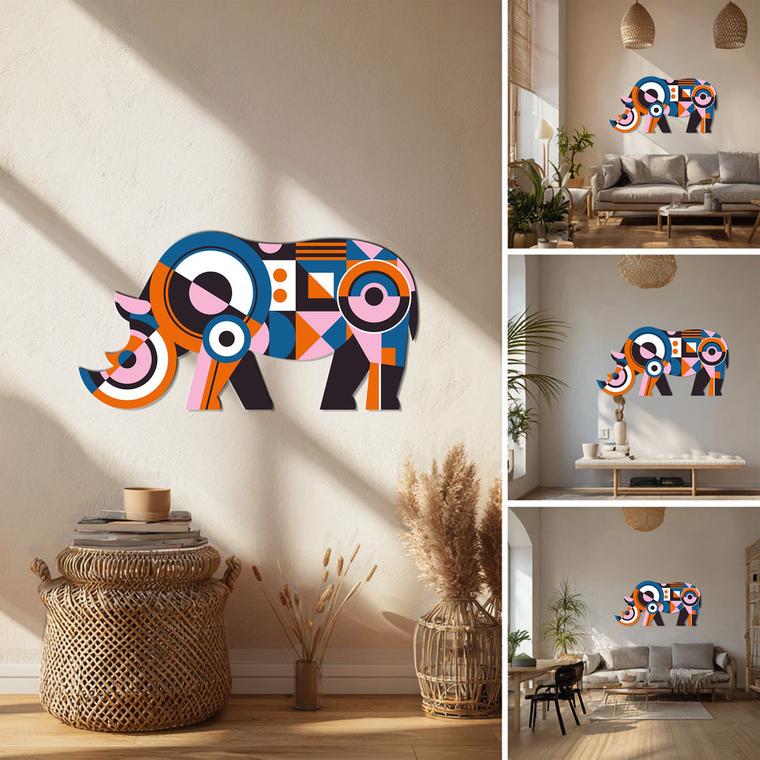 Geometric Rhino Metal Wall Art – Colorful Modern Animal Wall Decor