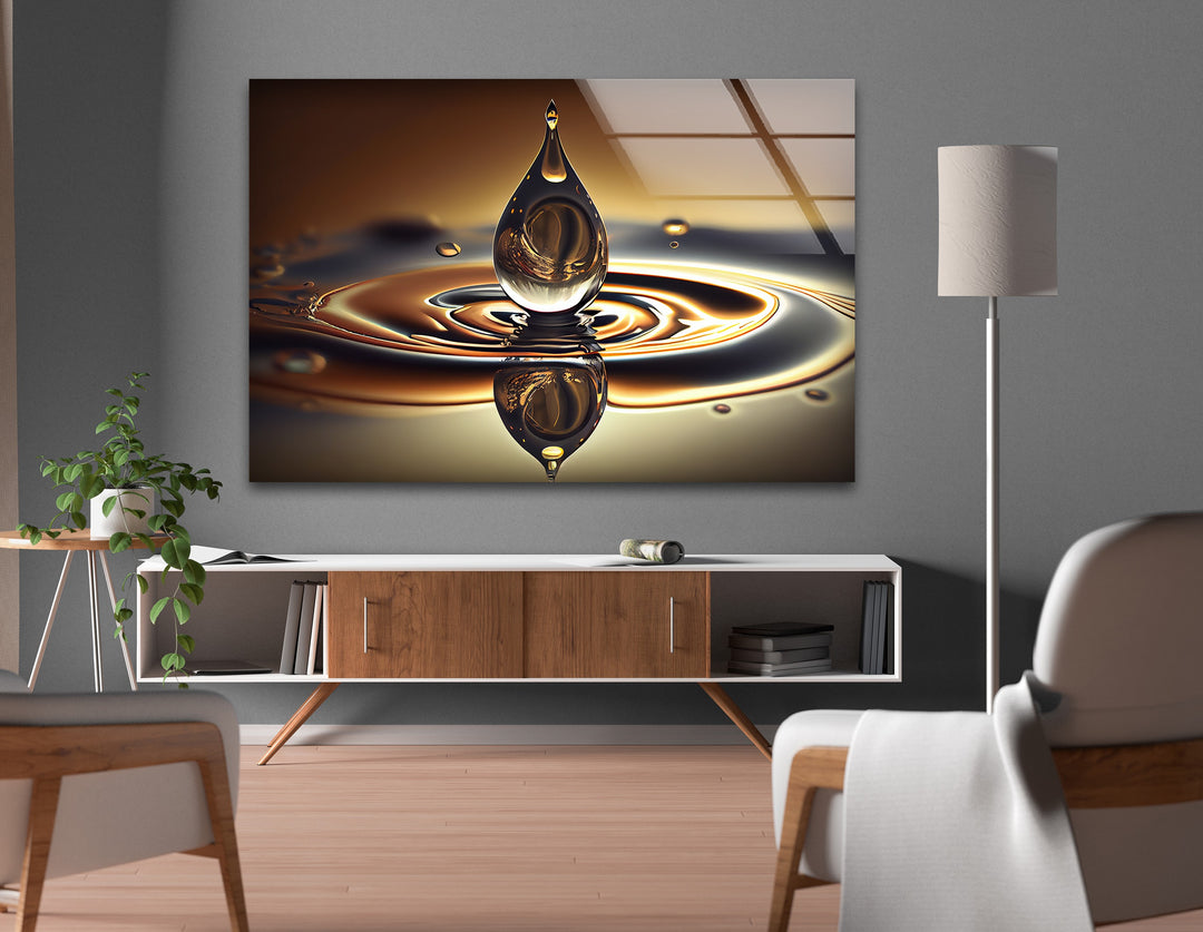 GoldenFlux Droplet Resonance – Liquid Harmony Glass Wall Art
