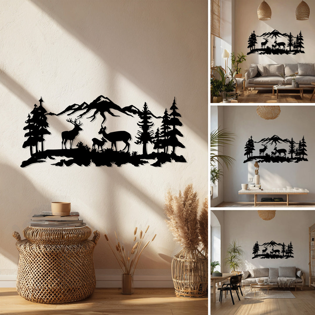 Deer Family Mountain Scene Metal Wall Art – Rustic Nature Decor