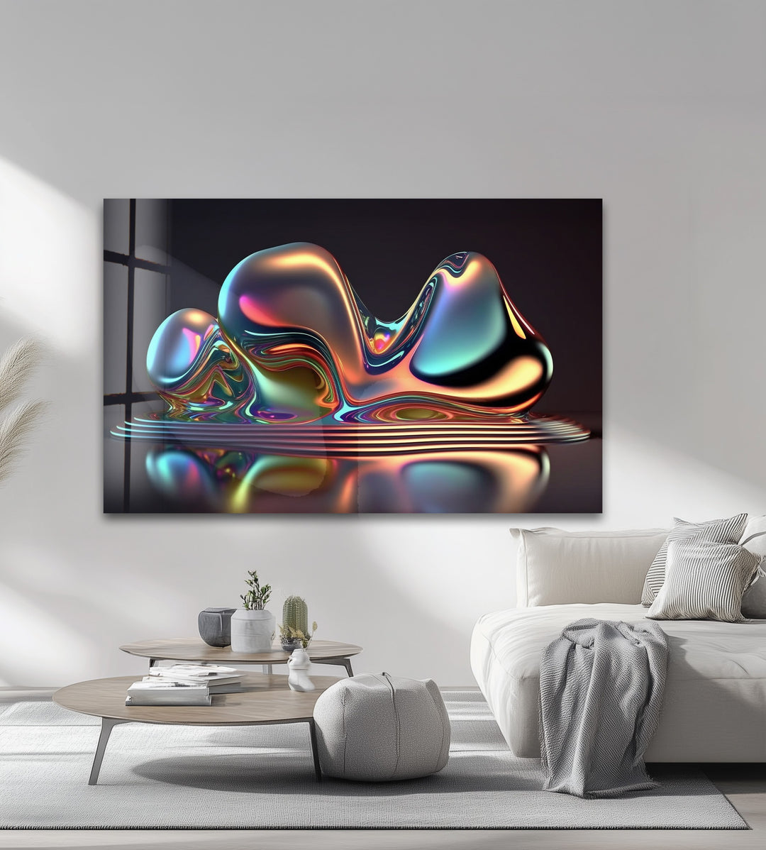 Liquid Prism Sculpture – Iridescent Chrome Form Glass Wall Art
