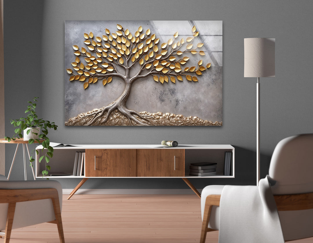 Eternal Roots Gold Harmony – Luxury Tree of Life Glass Wall Art