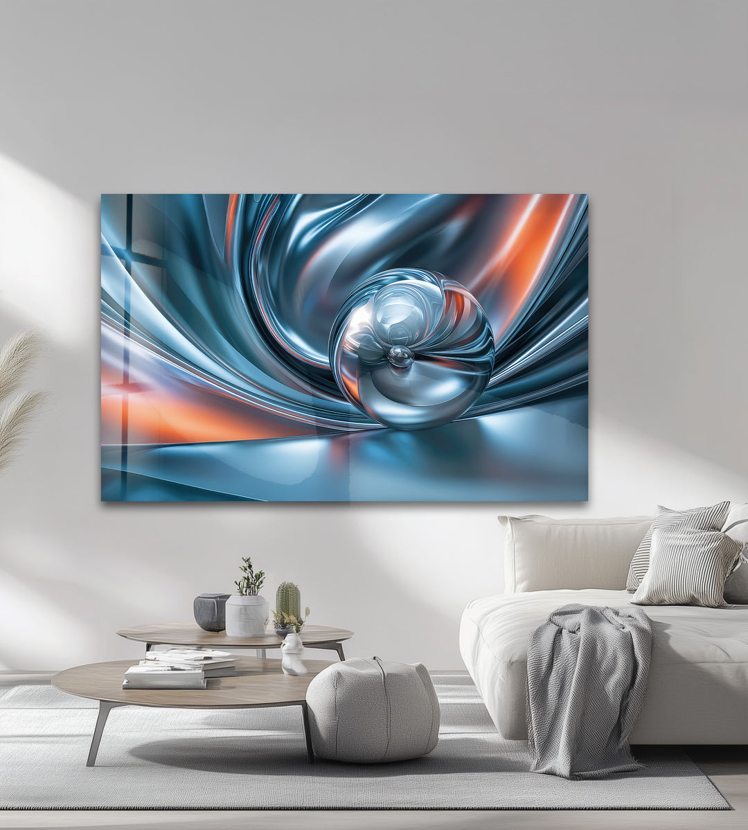 Chromatic Sphere Drift – Abstract Blue Silver Orb Glass Wall Art