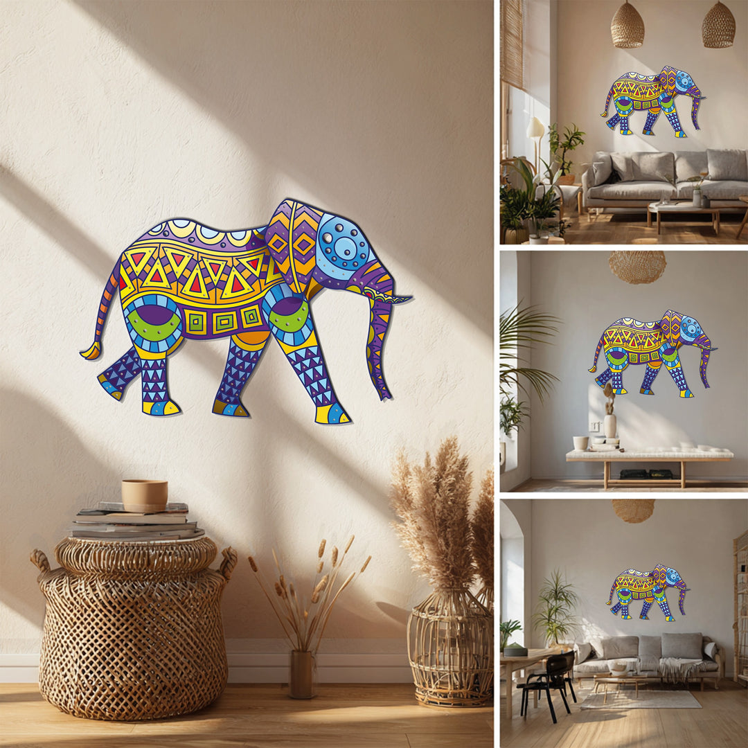 Artistic animal metal wall sculpture with colorful tribal patterns