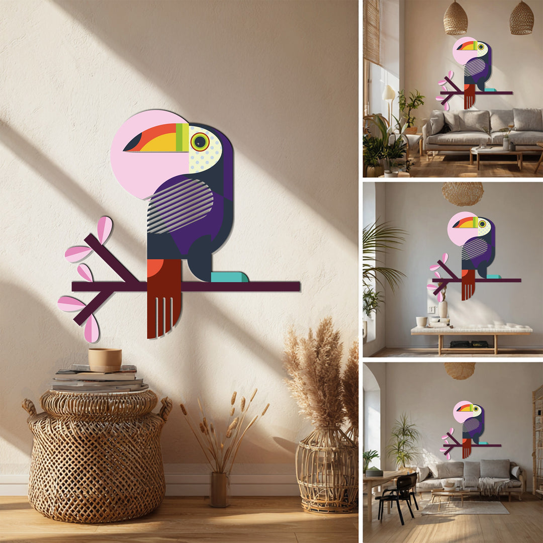 Multicolor metal wall sculpture featuring abstract toucan design