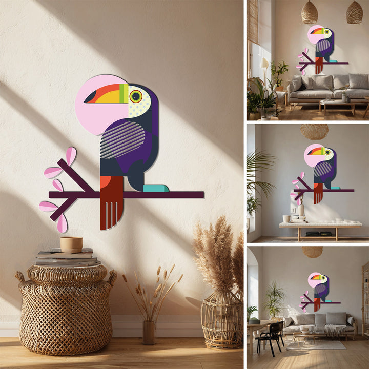 Multicolor metal wall sculpture featuring abstract toucan design