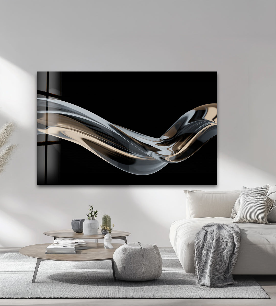 Ebony Silk Wave – Minimalist Metallic Flow Glass Wall Art