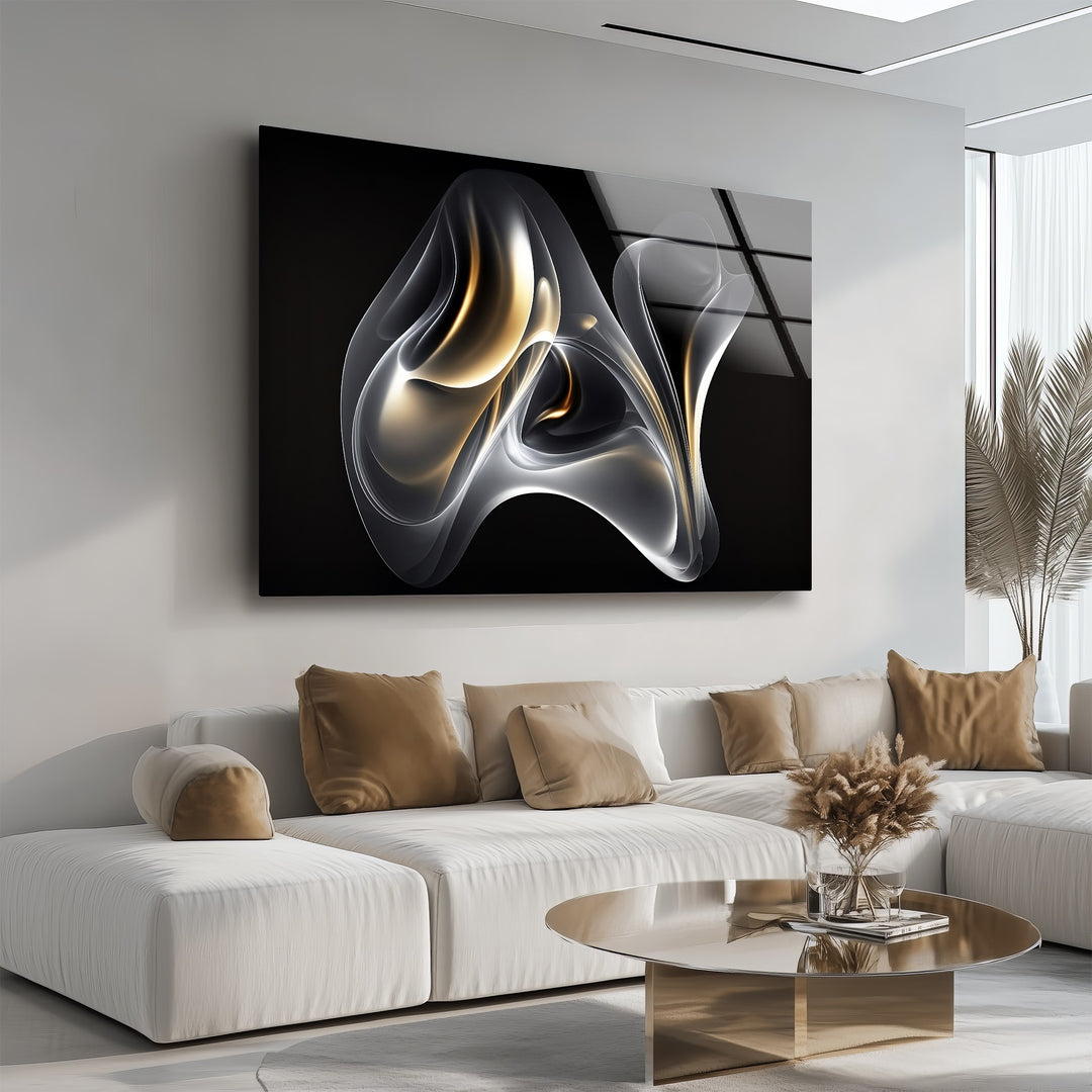 Ethereal Ember Veil – Abstract Smoke Gold Glass Wall Art