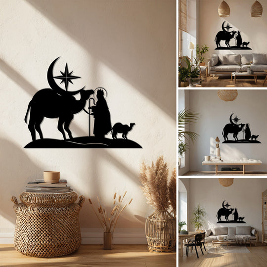 Dominating the scene, the black metal silhouette of the Three Kings Nativity stands out, making this unique metal wall art a striking piece of religious Christmas decor.