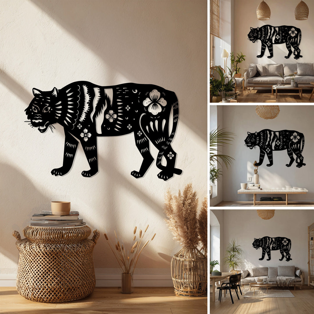 Floral Tiger Metal Wall Art – Animal Silhouette Decor