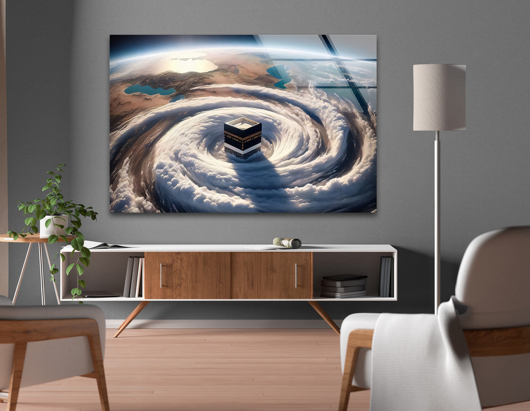 Divine Orbit – Kaaba Surrounded by Celestial Clouds Glass Wall Art